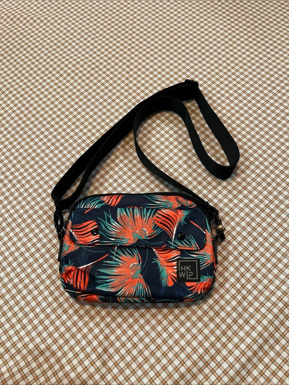 HKWP Navy Crossbody Bag with Coral & Teal Tropical Print